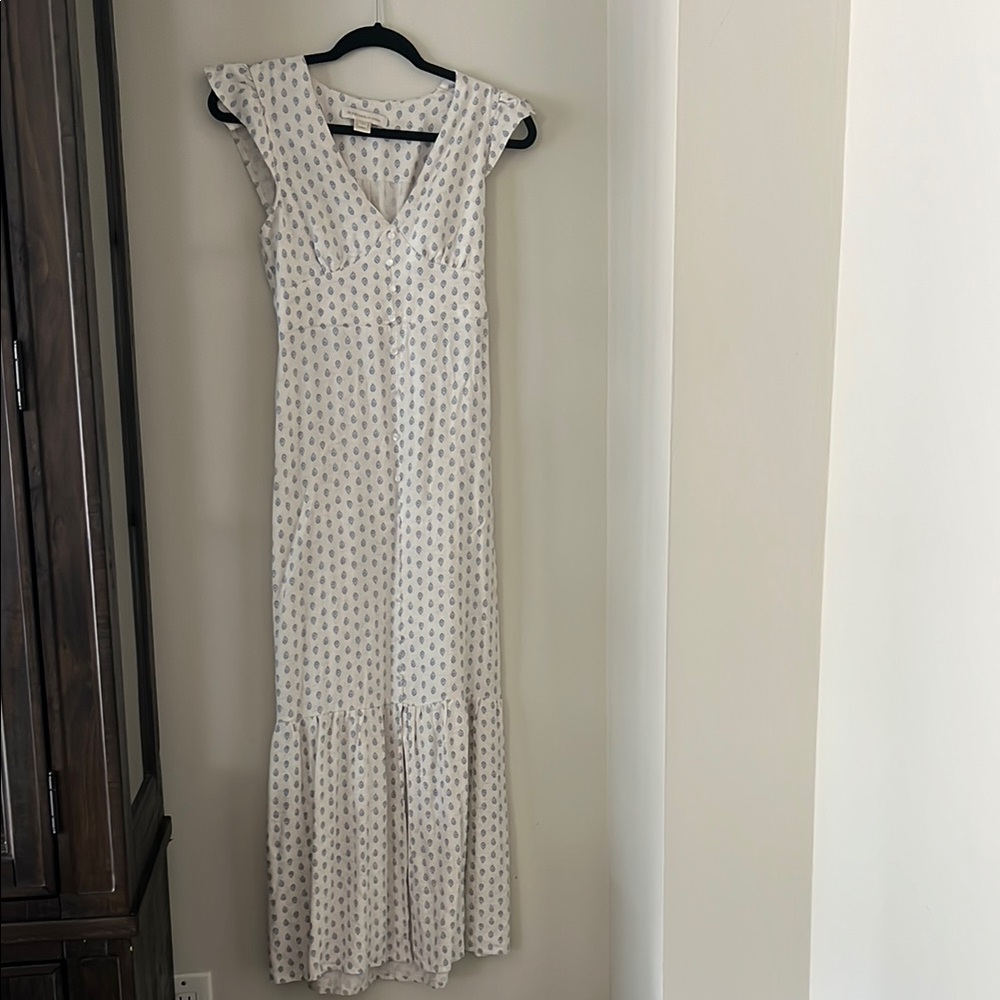 Elegant White and Blue Polka Dot Dress